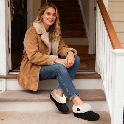 Women'S Wool Cozy Slippers with Faux Fur Collar | Cozy House Shoes, Indoor Outdoor, Fuzzy Bootie Slippers
