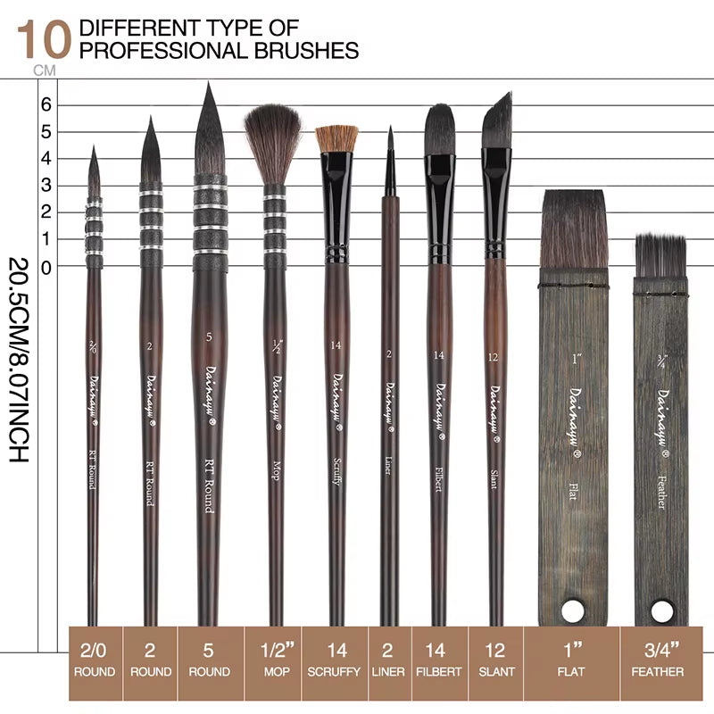 10Pcs Watercolor Brush Set Mop Organic Blue Squirrel Horse Hair Paint Brush Multi-Function Acrylic Painting Art Supplies