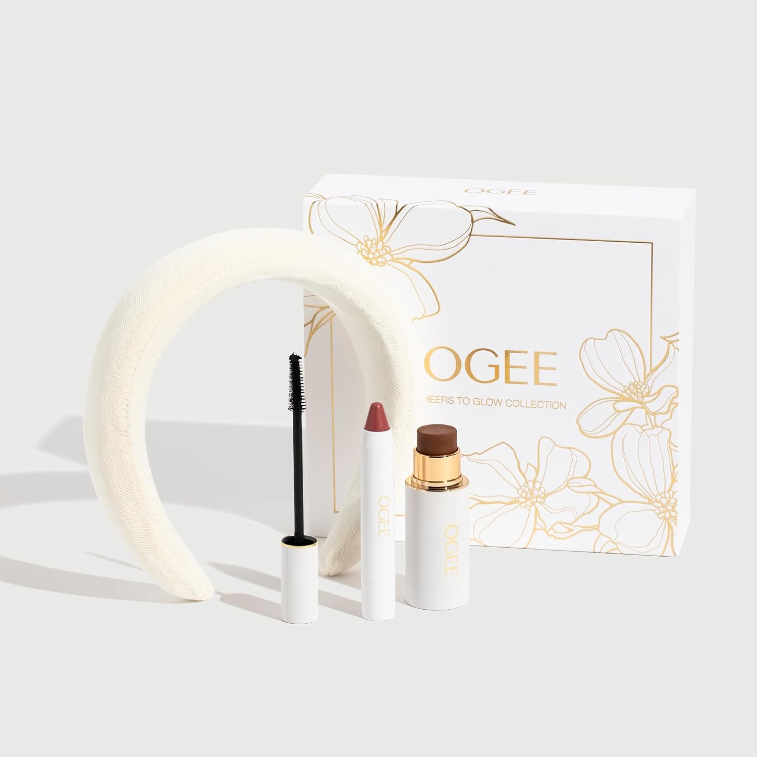 Cheers to Glow Limited-Edition Set, Sculpted Face Stick in Copper | Tinted Sculpted Lip Oil in Rosalia, and beyond Clean Volumizing Mascara