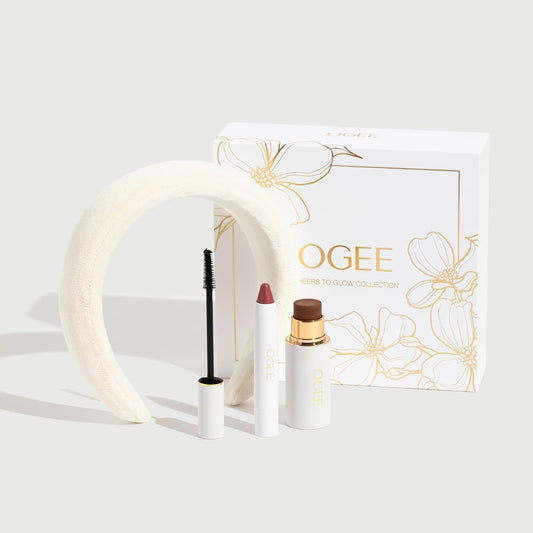 Cheers to Glow Limited-Edition Set, Sculpted Face Stick in Copper | Tinted Sculpted Lip Oil in Rosalia, and beyond Clean Volumizing Mascara