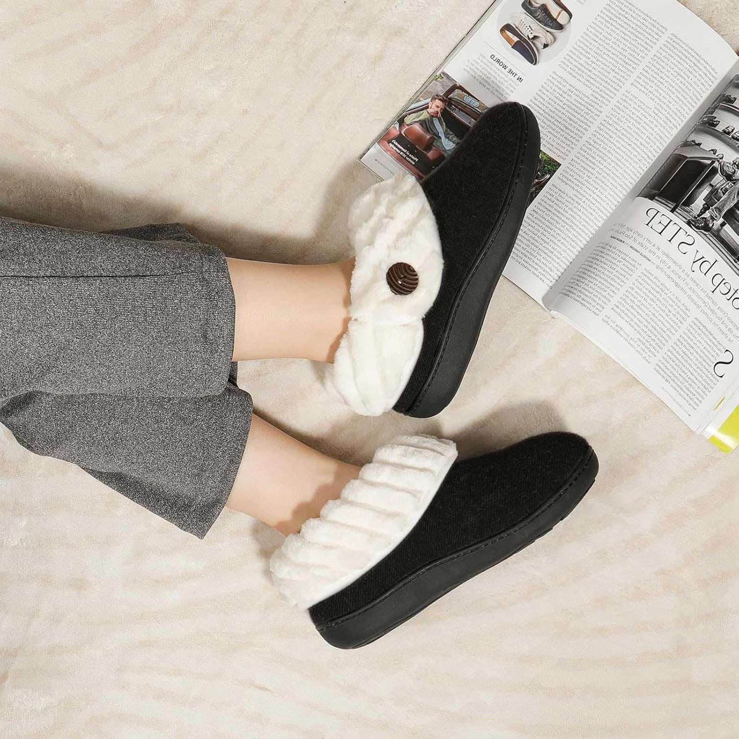 Women'S Wool Cozy Slippers with Faux Fur Collar | Cozy House Shoes, Indoor Outdoor, Fuzzy Bootie Slippers