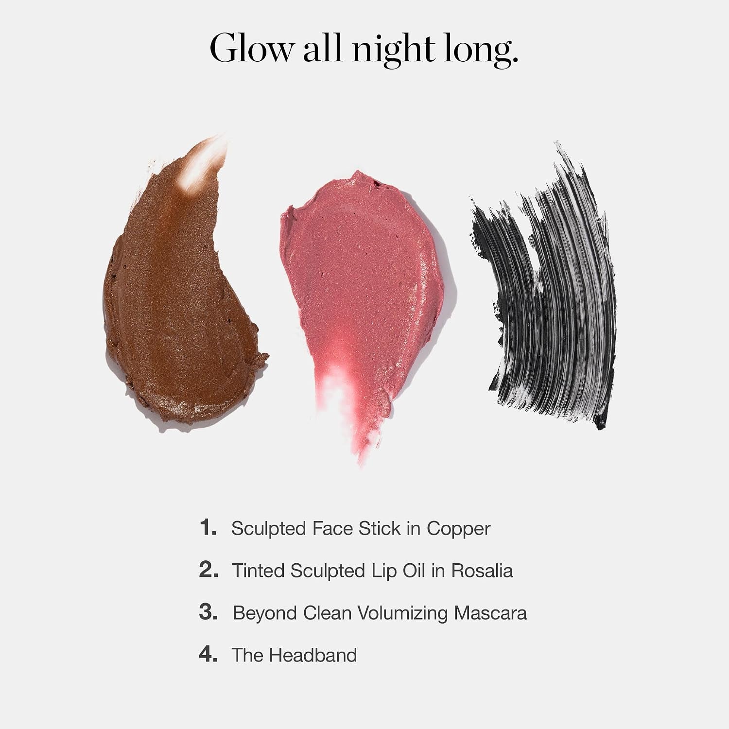 Cheers to Glow Limited-Edition Set, Sculpted Face Stick in Copper | Tinted Sculpted Lip Oil in Rosalia, and beyond Clean Volumizing Mascara