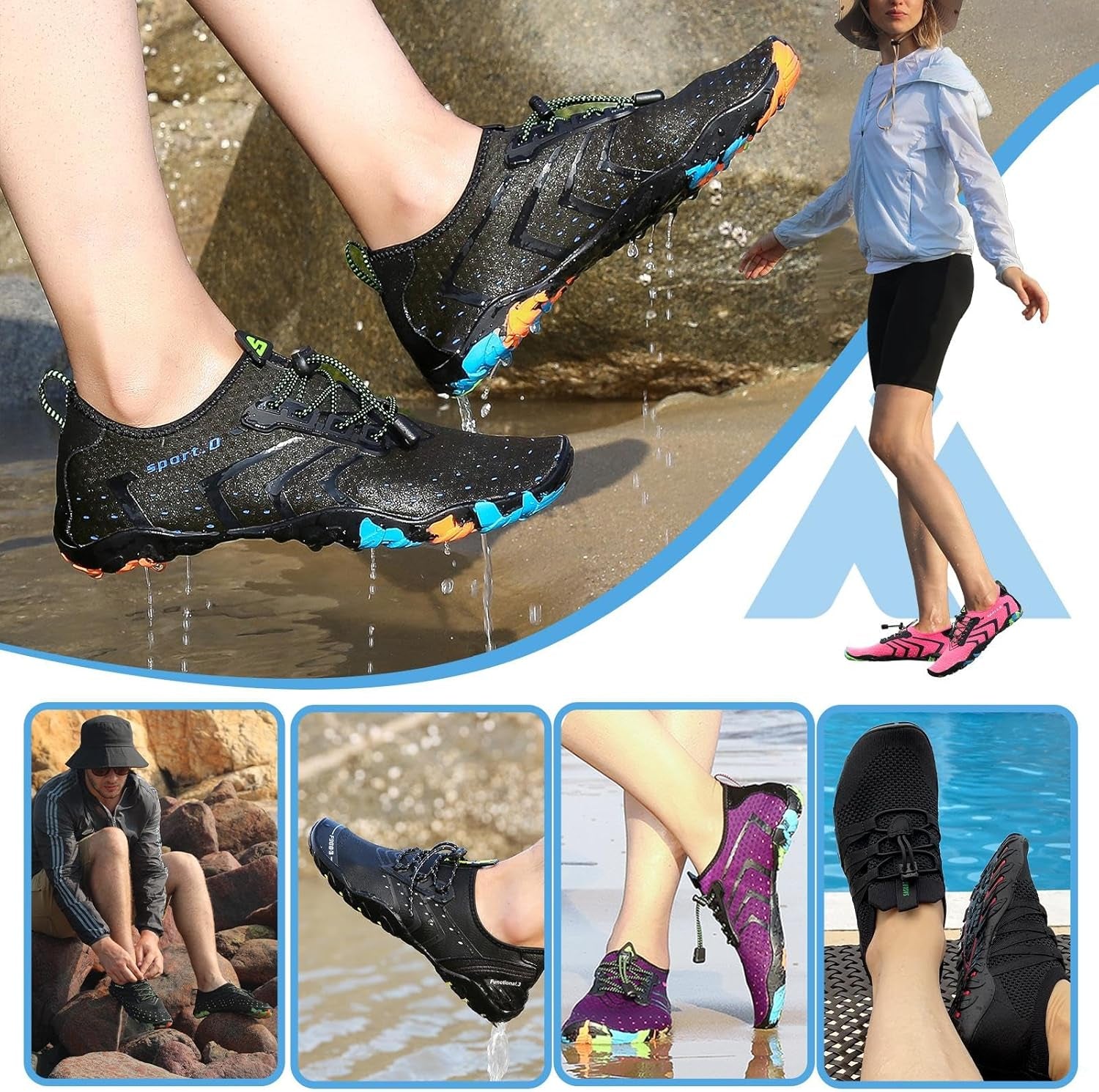Water Shoes for Women Men, Quick-Dry Barefoot Swim Shoes | Non-Slip Aqua Shoes with Drainage Holes, Breathable, Lightweight, for Beach, Pool, River Boating, Yoga, Walking