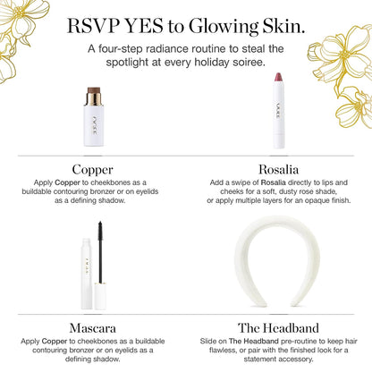 Cheers to Glow Limited-Edition Set, Sculpted Face Stick in Copper | Tinted Sculpted Lip Oil in Rosalia, and beyond Clean Volumizing Mascara