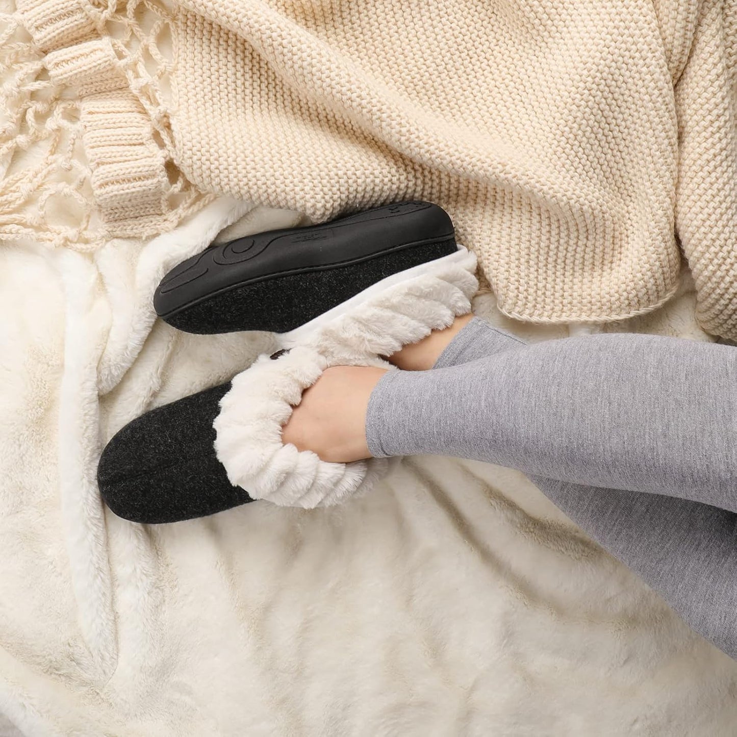 Women'S Wool Cozy Slippers with Faux Fur Collar | Cozy House Shoes, Indoor Outdoor, Fuzzy Bootie Slippers