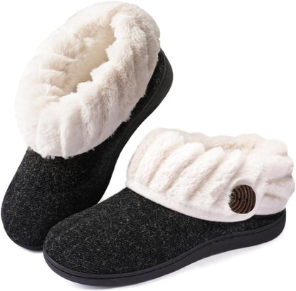 Women'S Wool Cozy Slippers with Faux Fur Collar | Cozy House Shoes, Indoor Outdoor, Fuzzy Bootie Slippers